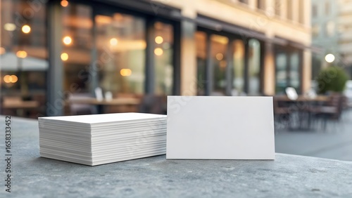 Clean white business cards stacked mockup on textured surface outdoors
