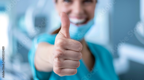 A smiling healthcare worker shows approval with a thumbs up gesture in a well-equipped dental facility