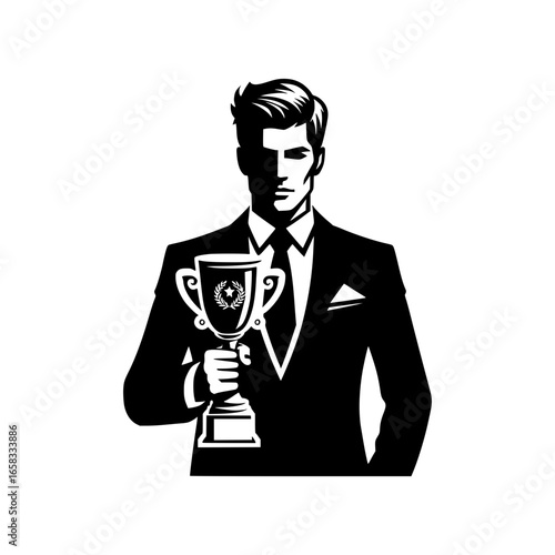 man holding a trophy black vector icon with transparent background 