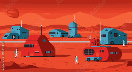 Mars Colonization Illustration Featuring Astronauts and Futuristic Habitats for Educational Materials and Sci-Fi Projects