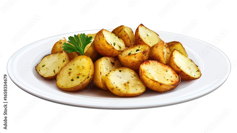Roasted potato on white plate on transparent background. Roasted potato on white plate on transparent background.