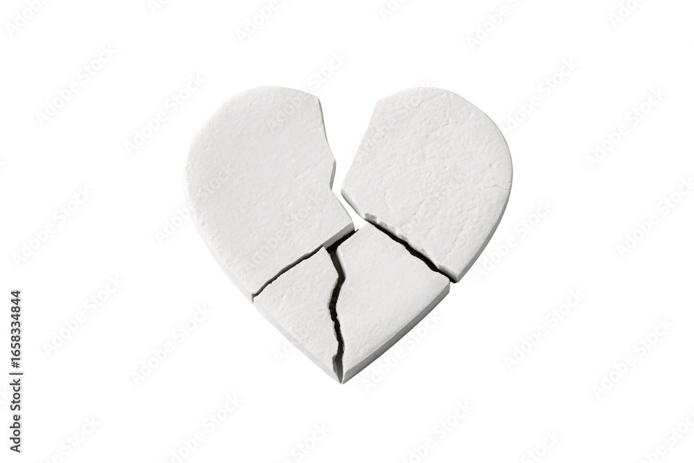 Fototapeta premium White broken heart split into four pieces with natural crack lines and three-dimensional form, isolated on a transparent background