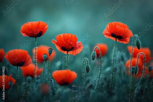 Vibrant Red Poppies Amidst Green Landscape with Soft Focus