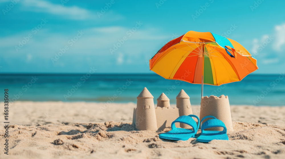 Sand castle, Sunny beach scene with sandcastles, umbrella, and flip-flops. Sand castle, Sunny beach scene with sandcastles, umbrella, and flip-flops.