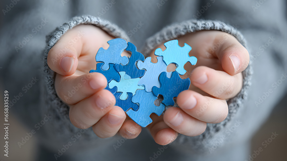 custom made wallpaper toronto digitalThe hands of a young boy holding a puzzle heart is the concept of mental health in children, world autism awareness day, as well as the concept of autism spectrum disorder in teens