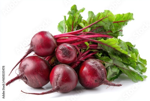 Fresh Organic Red Beets with Green Leaves and Roots on a White Background