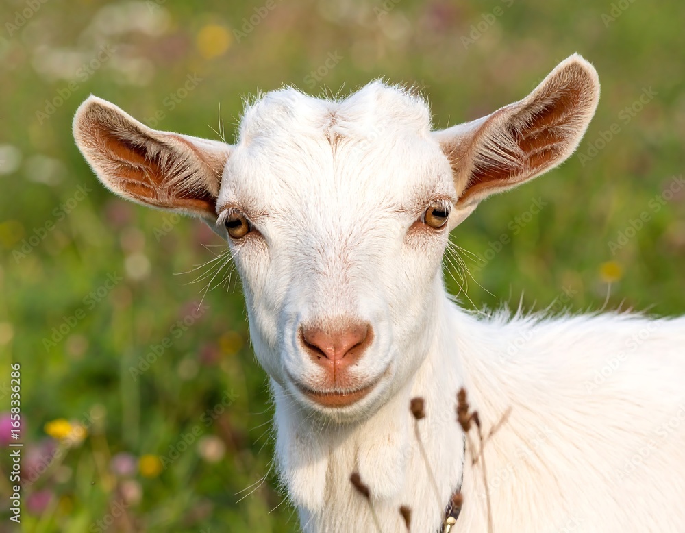 Obraz premium Cute white baby goat in a meadow