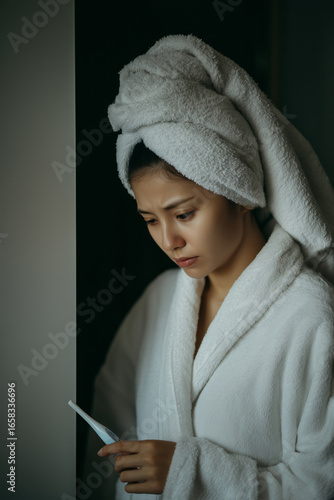 Sad Asian woman holding positive or negative pregnancy test in her bathroom with disappointment or worry. Family planning and fertility and infertility concept.