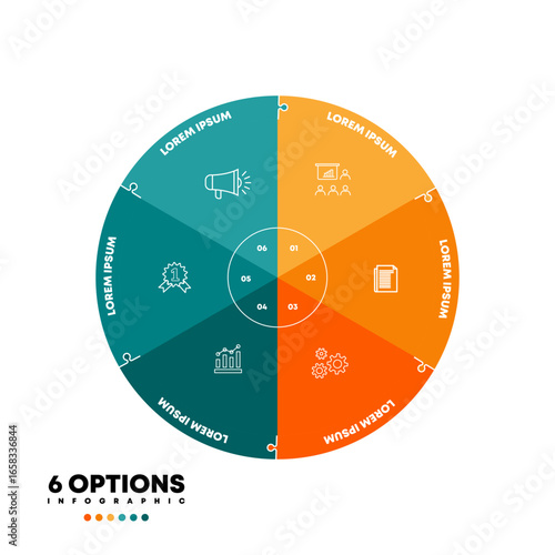 Infographic pie chart with 6 step options. Pie charts can be used for business analysis, data visualization, and presentations. vector illustration EPS 