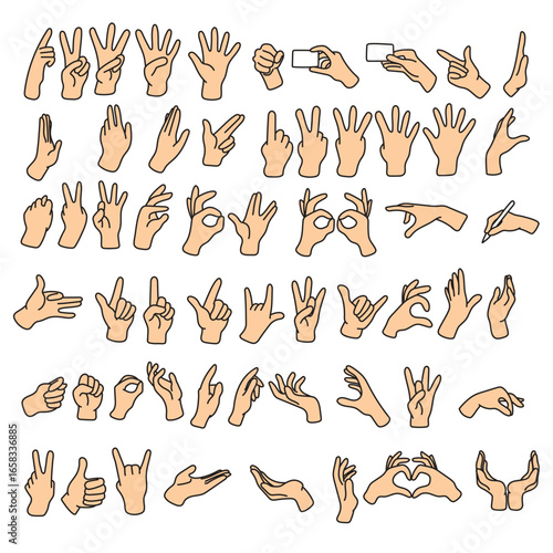 set of hand gestures illustration vector hand drawn with black lines isolated on white background.