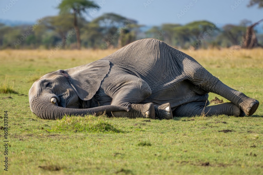 Fototapeta premium Elephant sleeping on grass field wildlife photography african safari animal resting day