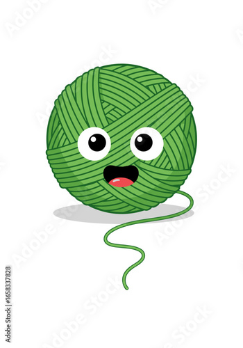 Cute cartoon green ball of yarn with happy face and dangling string