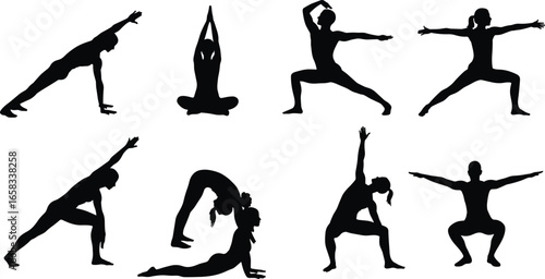 Silhouettes of eight yoga poses, standing, seated, and balancing positions, vector art for fitness, posture, meditation, wellness, active lifestyle