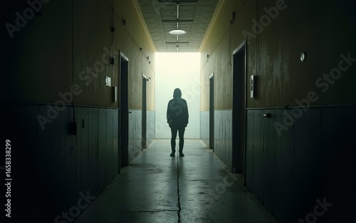 A mysterious corridor engulfs a solitary figure, echoing existential musings, celebrating World Philosophy Day and Urban Exploration. High quality