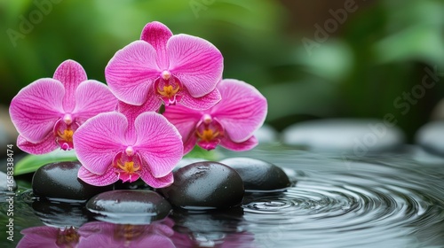 Vibrant Pink Orchids on Smooth Stones with Water Ripples