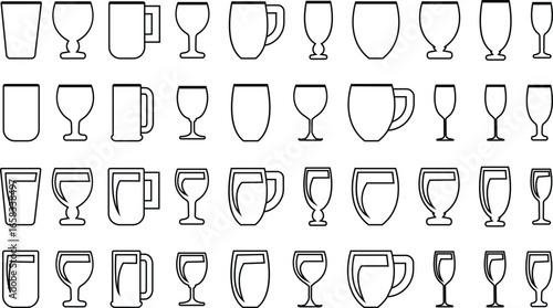 Drink ware icon set, glass cup mug wine goblet beer collection in line style, black silhouette group, bar utensil bundle, beverage container pack, drink synonym vector