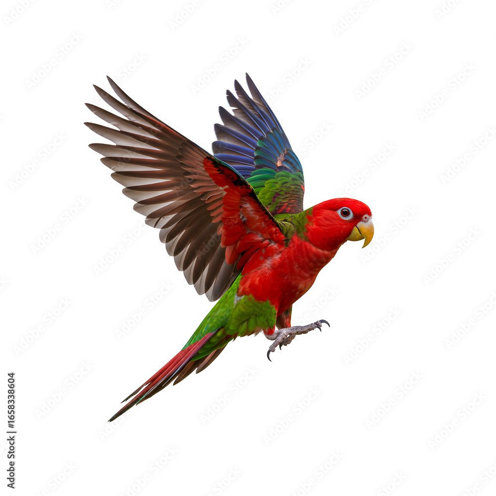 Fototapeta premium Vibrant Parrot Flying with Wings Spread Against Transparent Background