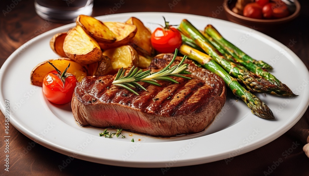 a perfectly grilled steak with visible grill marks served with roasted potato wedges asparagus and cherry tomatoes on a white plate ai generated a perfectly grilled steak with visible grill marks served with roasted potato wedges asparagus and cherry tomatoes on a white plate ai generated