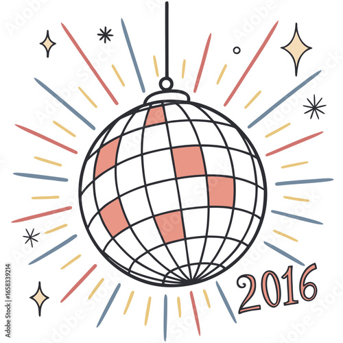 Illustration of a disco ball with sparkles and 2016 text, perfect for new years eve celebration