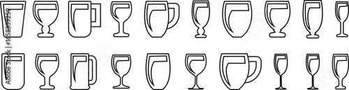 Drink ware icon set, glass cup mug wine goblet beer collection in line style, black silhouette group, bar utensil bundle, beverage container pack, drink synonym vector