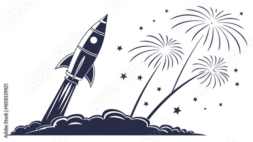 Vector art of black and white illustration of a rocket launching with fireworks for festive celebrations