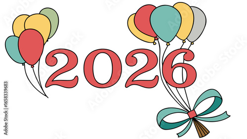 Vector art of festive 2026 new year celebration with colorful balloons and ribbon for greeting card design