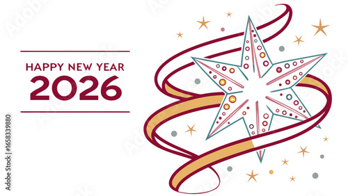 Vector art of happy new year 2026 with star and ribbon for festive celebration and holiday greeting card design