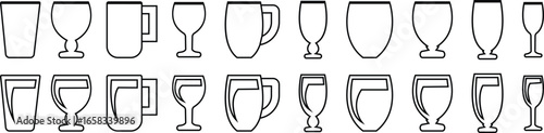 Drink ware icon set, glass cup mug wine goblet beer collection in line style, black silhouette group, bar utensil bundle, beverage container pack, drink synonym vector