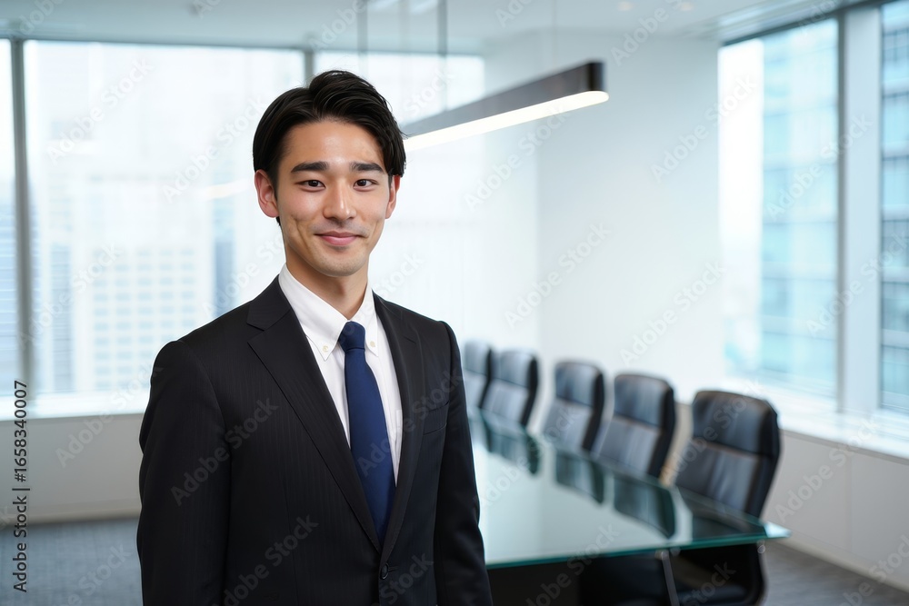 Portrait of confident asian businessman in suit standing in modern office boardroom Portrait of confident asian businessman in suit standing in modern office boardroom