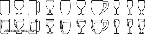 Drink ware icon set, glass cup mug wine goblet beer collection in line style, black silhouette group, bar utensil bundle, beverage container pack, drink synonym vector