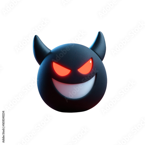 Dark Devil Emoji Character with Red Glowing Eyes and Wide Smiling Mouth on Transparent Background