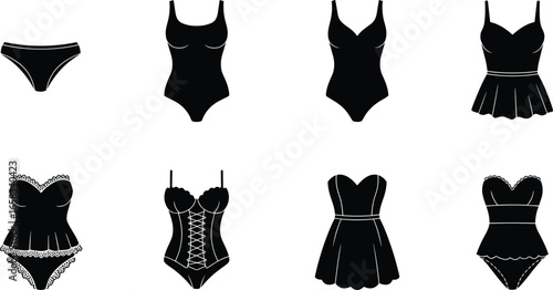 Vector illustration of lingerie icons, women underwear collection, bras, panties, bodysuits, corsets, sexy fashion silhouettes, feminine clothing, black and white clipart design