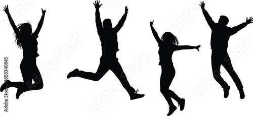 Vector illustration of people jumping silhouettes, happy men and women in motion, freedom and joy concept, energetic pose clipart, black and white design