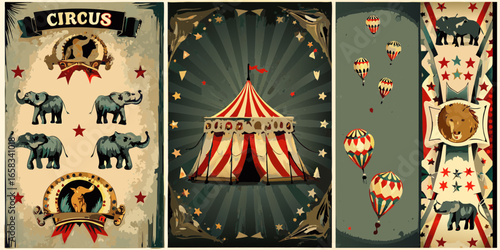Vintage Circus Posters with Elephants and Hot Air Balloons