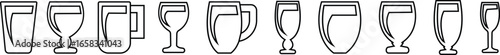 Drink ware icon set, glass cup mug wine goblet beer collection in line style, black silhouette group, bar utensil bundle, beverage container pack, drink synonym vector