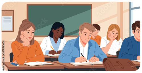 University students life set. Learners study, education, communication. People learning in library, classroom, lecture class, at exam. Flat graphic vector illustrations isolated on white background