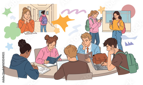 University students life set. Learners study, education, communication. People learning in library, classroom, lecture class, at exam. Flat graphic vector illustrations isolated on white background