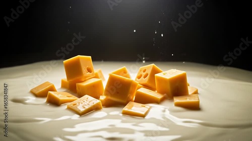 A still life shot of small cheese cubes sitting in a creamy, milky liquid, with droplets splashing. A perfect visual for food, cooking, and dairy-related themes.

