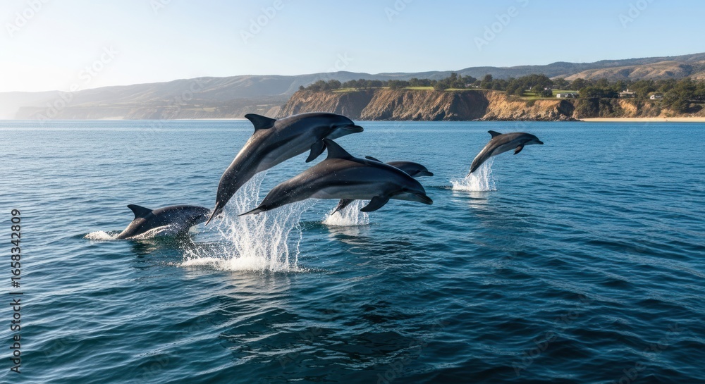 Fototapeta premium Dolphins leap in blue ocean, coastal backdrop