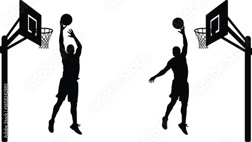 Silhouette of basketball player dunk action, slam dunk sports concept, athlete jump shot vector illustration, basketball hoop game isolated design, active sports figure