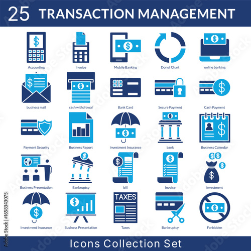 Transaction Management icon set collection in solid glyph style. an icon pack contain bank card, secure payment, cash payment, payment security, business report, investment, insurance, bank