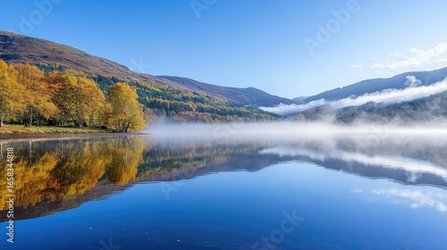 Calm autumn morning in a Scottish park, soft fog, golden leaves, and a tranquil atmosphere