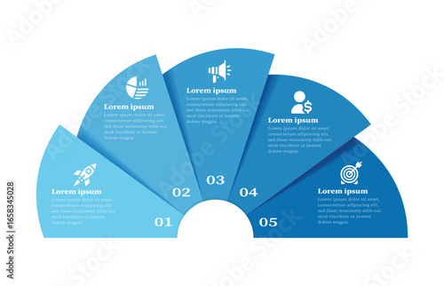 modern blue gradient semi circle business infographic template with five steps process design for data visualization, presentation, marketing strategy, finance report, brochure, and workflow planning
