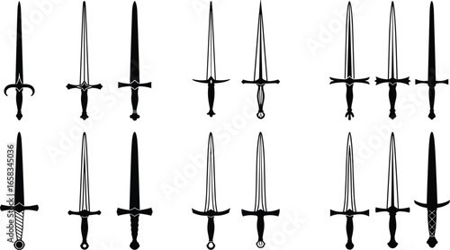 Sword silhouette set, twelve blade designs, fantasy weapon icons, historical reference, vector art, hilt styles, guard shapes, prop illustration