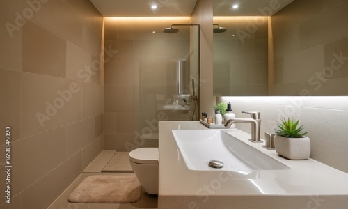 Wallpaper Mural Minimalist bathroom with neutral beige tile, a frameless glass shower enclosure, a sleek white sink, and integrated LED lighting.  A small potted plant adds a touch of nature Torontodigital.ca