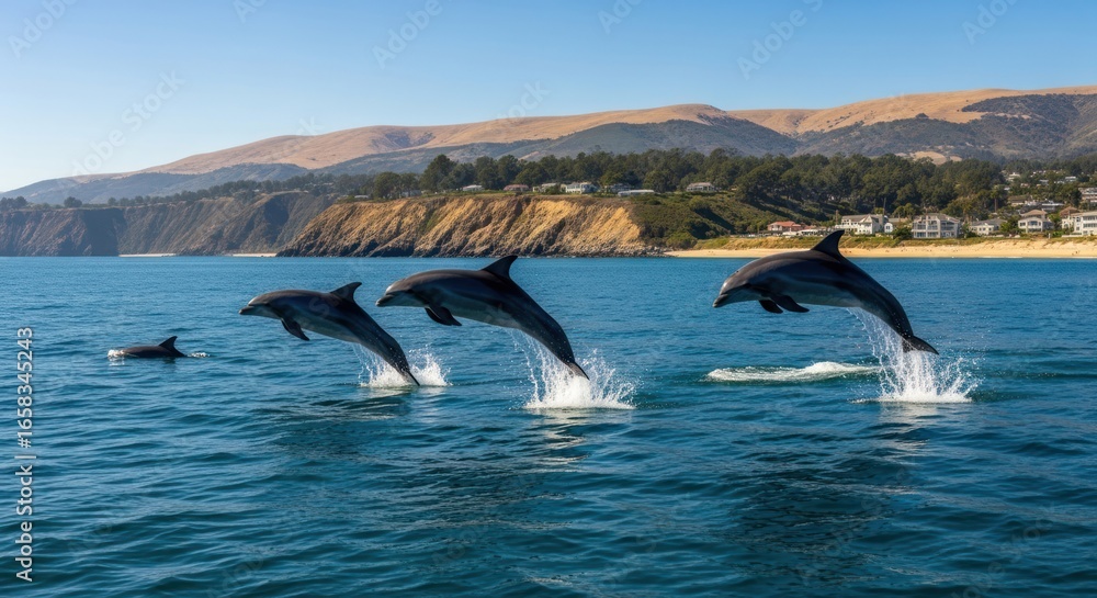 Fototapeta premium Four dolphins leap in the ocean, a coastal landscape in the background