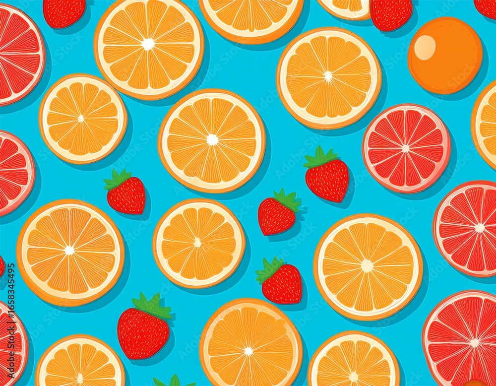 Obraz premium bright seamless pattern with oranges and strawberries on a blue background