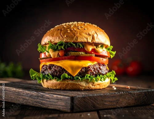 Delicious burger on a wooden board (1)