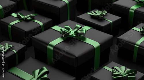Chic black gift boxes with soft green ribbon accents, arranged elegantly. Black Friday shopping and celebration concept.