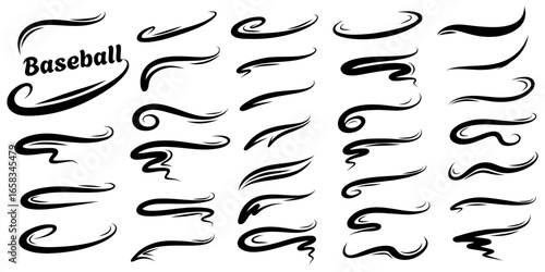 Baseball swoosh text tails vector set. Typography underline swashes for sporty font design and retro decoration.
